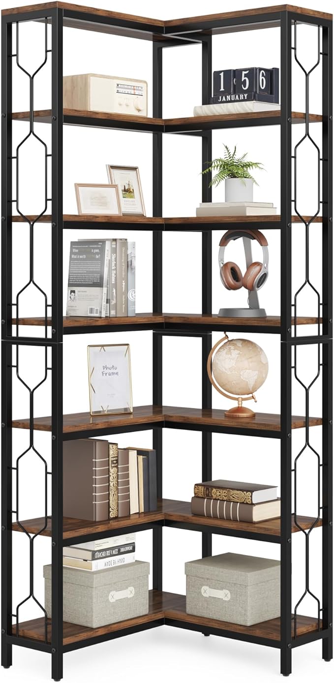 Tribesigns Corner Shelf, 7-Tier Industrial Corner Bookshelf, Wood and Metal - Image 5