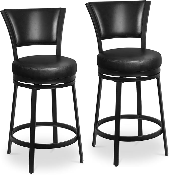 Bar Stools, 25 Inch Metal Counter Height Barstools Set of 2, Faux Leather Round by FLYZC