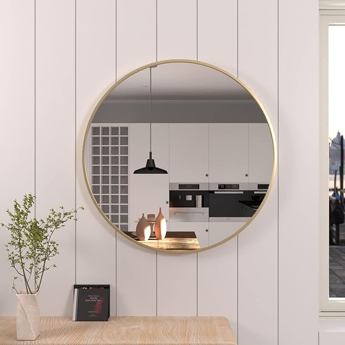 30 inch Gold Circle Wall Mirror, Brushed Gold Metal Framed Round Mirror - Image 6