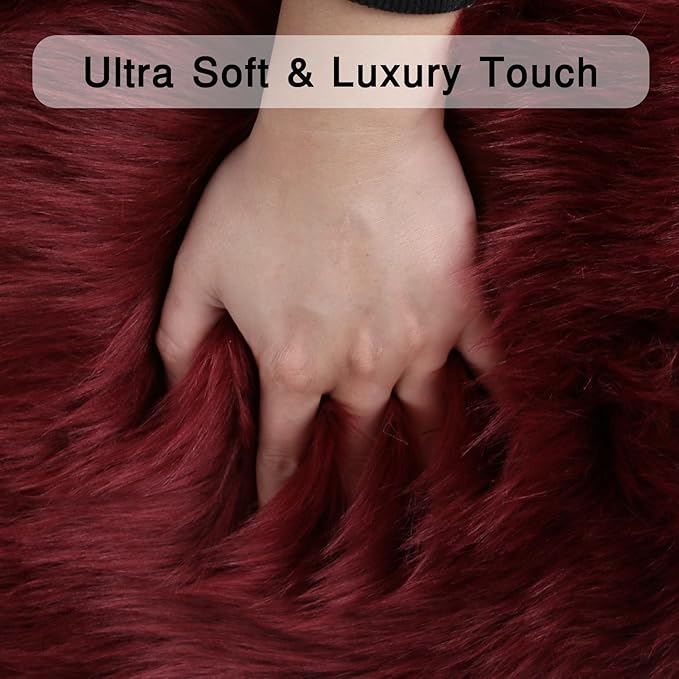 duduta Burgundy Faux Sheepskin Runner Rug 2x6 ft, Fluffy Shag Bedroom Dorm Rug - Image 3