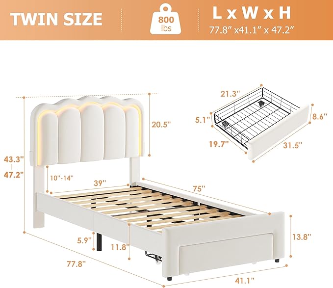 Twin Upholstered LED Bed Frame - Image 2