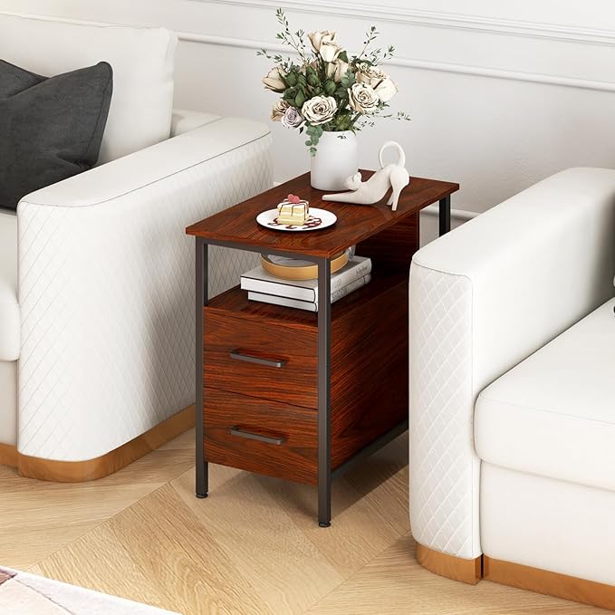Narrow Side Tables with Charging Station, Narrow End Table with Wooden Drawers - Image 7