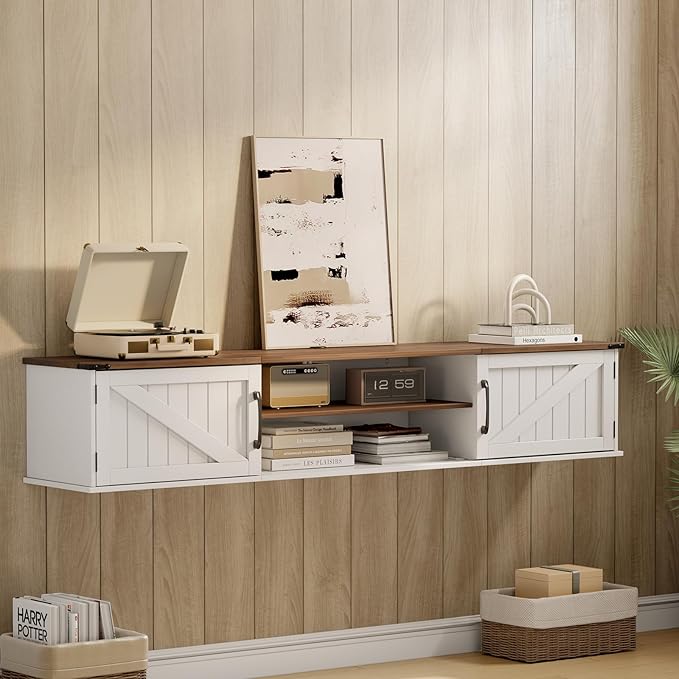Floating TV Stand with Doors, 2 Tier Wall Mounted TV Stand, Floating - Image 6