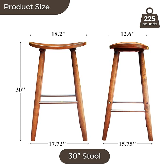Nora 30" Backless Bar Stool, Saddle Seat Design, Solid Rubber Wood Frame - Image 2