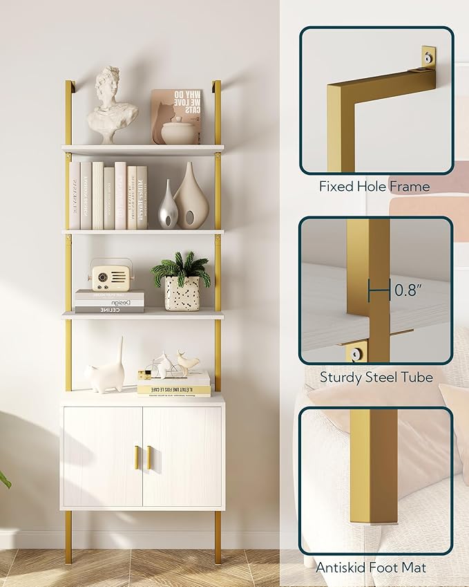 Yusong 73" Tall Bookshelf with Cabinet, Industrial Ladder Wall Mount Shelf - Image 5