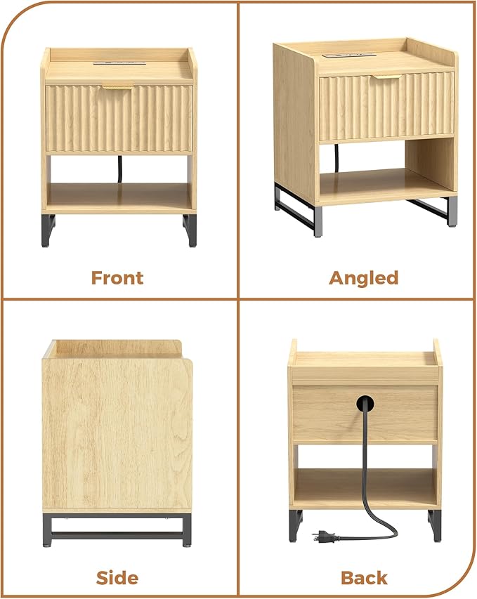Fluted Night Stand with Charging Station, Wood Nightstand with Large Drawer and - Image 7
