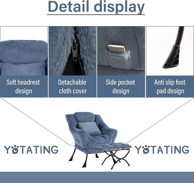 Lazy Chair with Ottoman, Comfy Reading Lounge Chair with Footstool & Throw - Image 4
