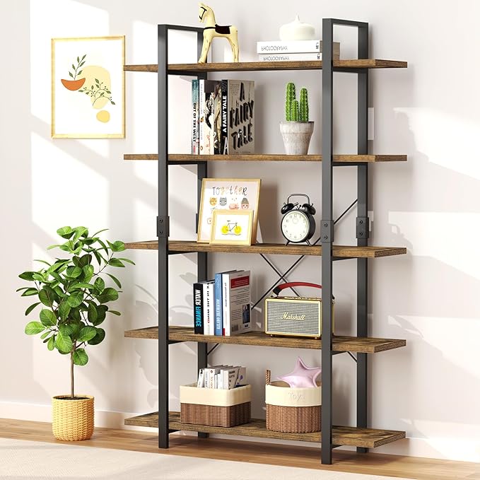 FRAPOW 5 Tier Bookshelf, 70 inch Tall Solid Bookcase Industrial Wooden by FRAPOW