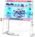 Small Gaming Desk with Hutch and LED Lights, Gaming Computer Desk with Power by Besiost