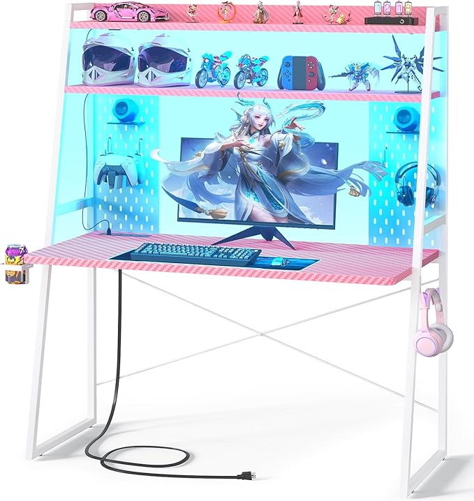 Small Gaming Desk with Hutch and LED Lights, Gaming Computer Desk with Power by Besiost