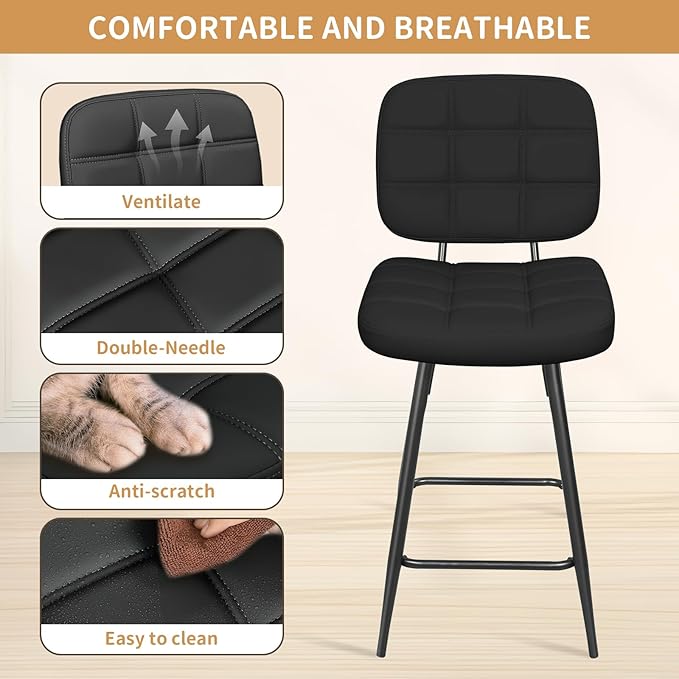 Bar Stools Set of 2, 24 Inch Upholstered Metal Barstool - Image 4