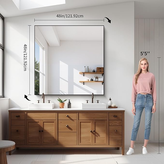 YIROMAN Bathroom Mirror for Wall 48"x48", Large Matte Black Bathroom Mirror - Image 5