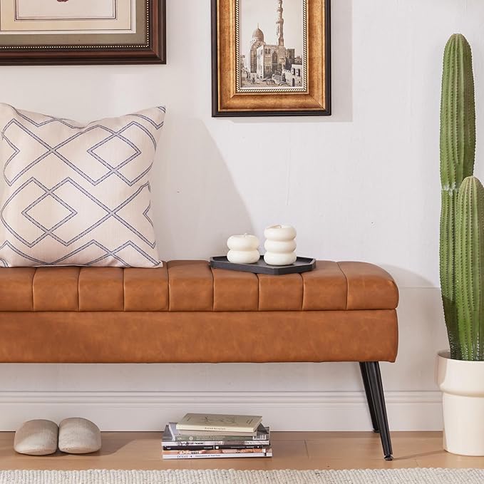 CUYOCA Storage Ottoman Bench, 43.5" Faux Leather Upholstered Entryway Bench - Image 4