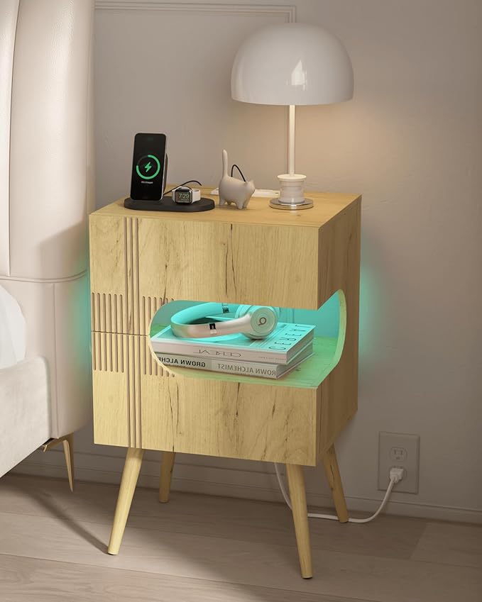 Nightstand with Charging Station and LED Lights, Modern Bedside Table with 2 - Image 8