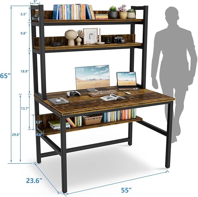 Aquzee Computer Desk with Hutch Bookshelves, 55 Inch Home Office Writing Desk - Image 3