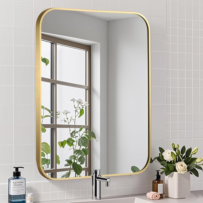 Brushed Gold Mirror, Metal Frame Rectangle Corner Vanity Mirror, Wall Mounted by JENBELY