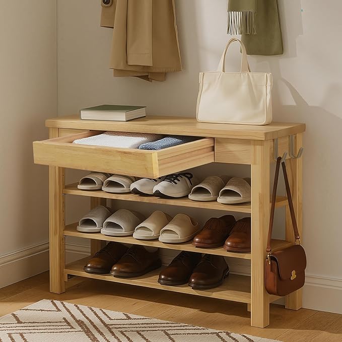 Wood Shoe Bench Entryway with Drawer: 3-Tiers Wooden Storage Shoe Rack with by Unknown