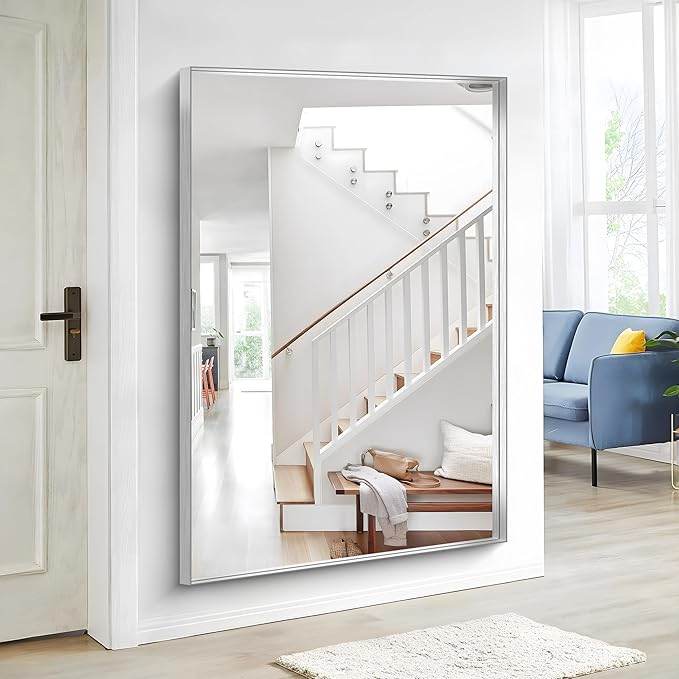 Silver Bathroom Mirror, 60x40 Inch Rectangular Framed Mirror, Large Wall - Image 5