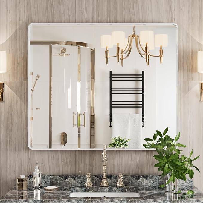White Bathroom Mirror 30x36 Inch, Rounded Rectangle Matte Bathroom Vanity Mirror - Image 2
