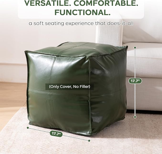 Unstuffed Pouf Cover, 17.7" Faux Leather Poofy Ottoman Cover, Square Footstool - Image 2