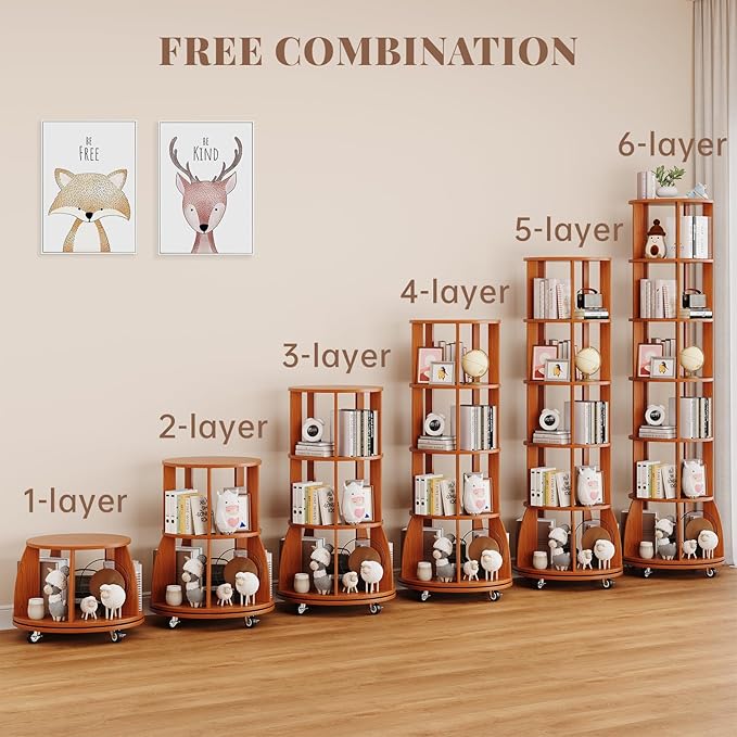 6 Tier Rotating Bookshelf with Locking Casters, 360° Spinning Vertical Bookcase - Image 3