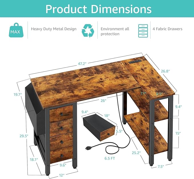 Lufeiya L Shaped Desk with Drawers & Storage Shelves, 47 Inch Small Reversible - Image 3