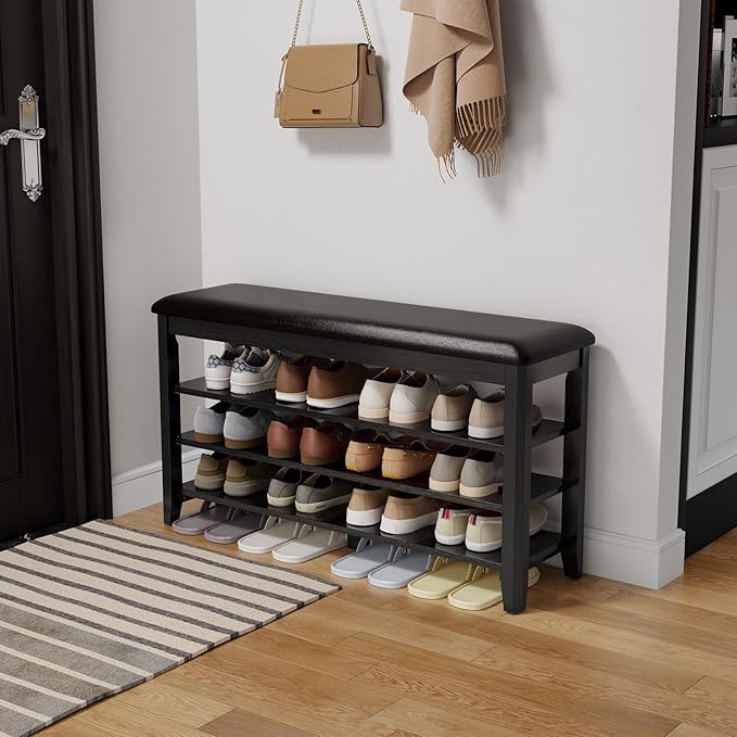 Shoe Bench with Leather Cushion, 3 Tiers Shoe Storage Bench Height Adjustable by AQIMUELE-Solidwoodfurniture