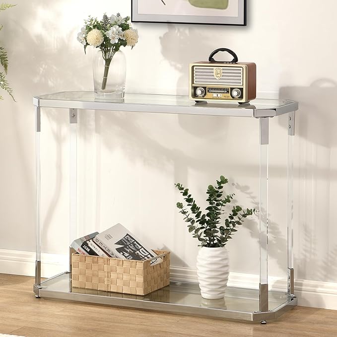 Glass Coffee Table, Acrylic Leg, Chrome Frame, Rectangular Center Table - Image 6