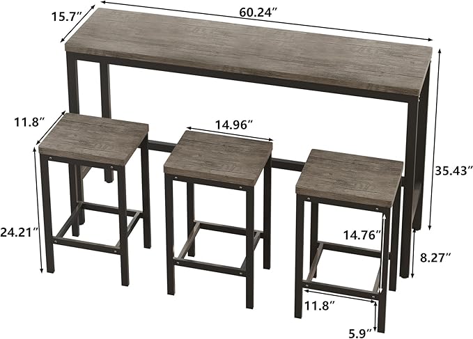 KEIKI 60.24” Long Bar High Top Dining Table and 3 Stools Chairs Set, Wood - Image 2