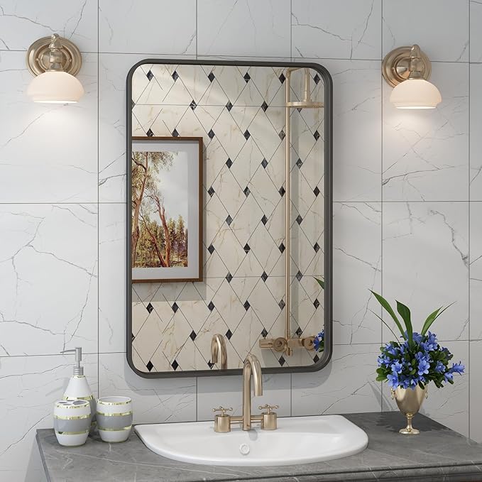 16x24 Bronze Bathroom Mirror, Rounded Rectangle Bronze Frame Mirror, Brushed by CHARMOR
