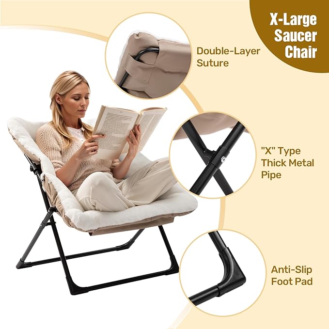HollyHOME X-Large Saucer Chair, Comfy Oversized Folding Chair, Faux-Fur Reading - Image 5