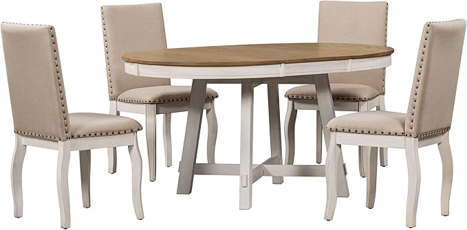 Merax 5-Piece Farmhouse Dining Furniture Set, Wooden Round Extendable Table - Image 7