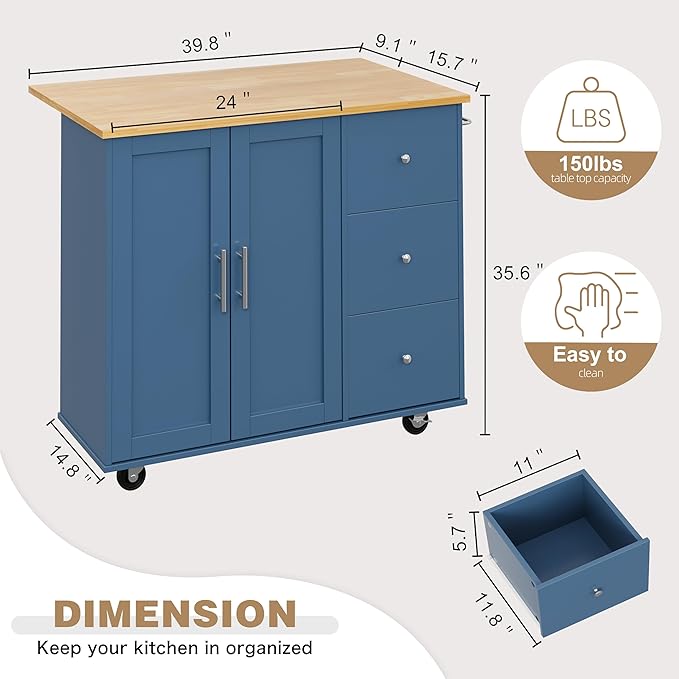 Shintenchi Kitchen Island with Folding Drop Leaf, Rolling Island Table with - Image 3