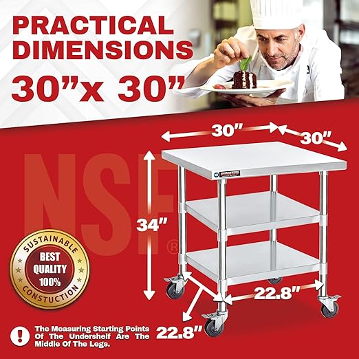 DuraSteel Stainless Steel Work Table 30" x 30" x 34" Height w/ 4 Caster Wheels - Image 2