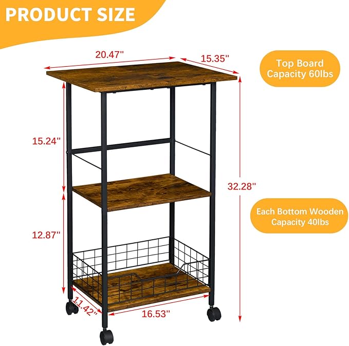 Microwave Cart with Storage, 3-Tier Rolling Kitchen Stand with Wire Basket - Image 3