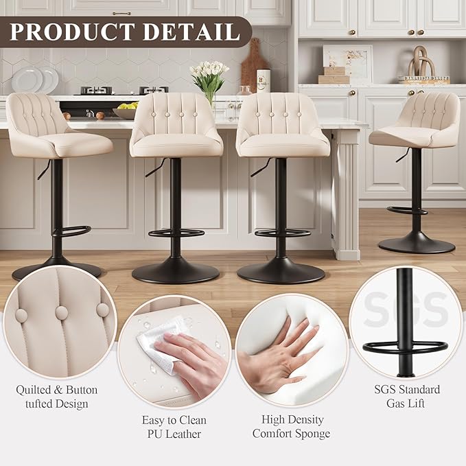 Bar Stools Set of 2, Swivel Bar Chairs, Modern Adjustable PU Leather - Image 4