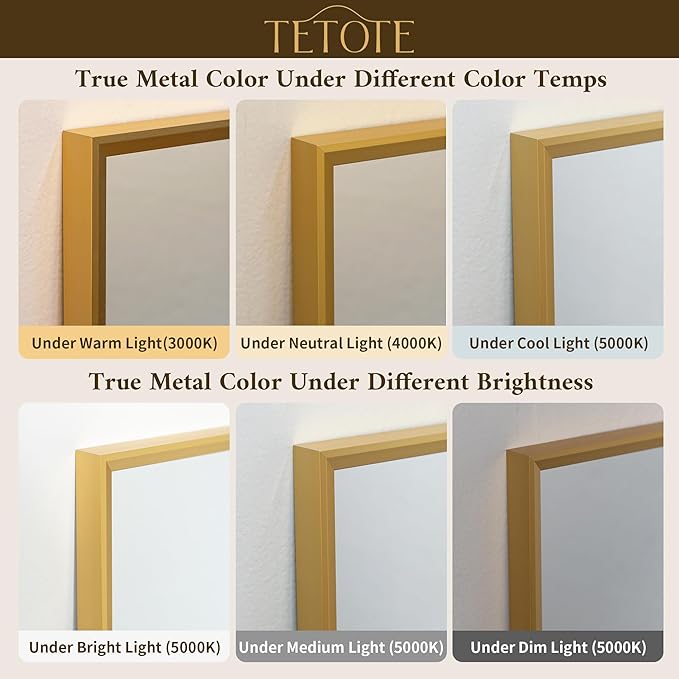 TETOTE Gold Bathroom Mirror 16" x 20" Brushed Gold Brass Rectangle Beveled - Image 6
