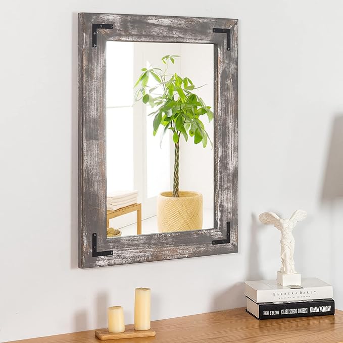 YOSHOOT Rustic Wooden Framed Wall Mirror, Natural Wood Bathroom Vanity Mirror - Image 5