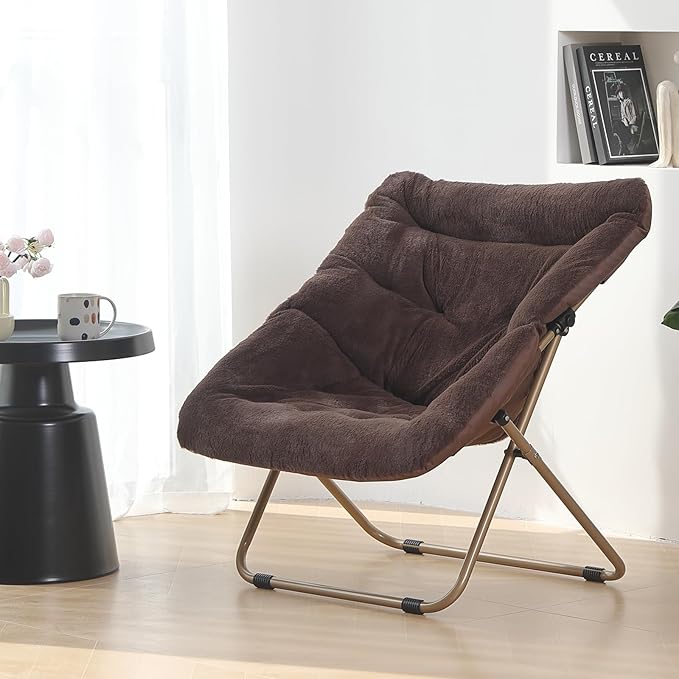 Saucer Chair, Comfy Bedroom Chairs, Oversized Folding Faux Fur Chair, Foldable - Image 2