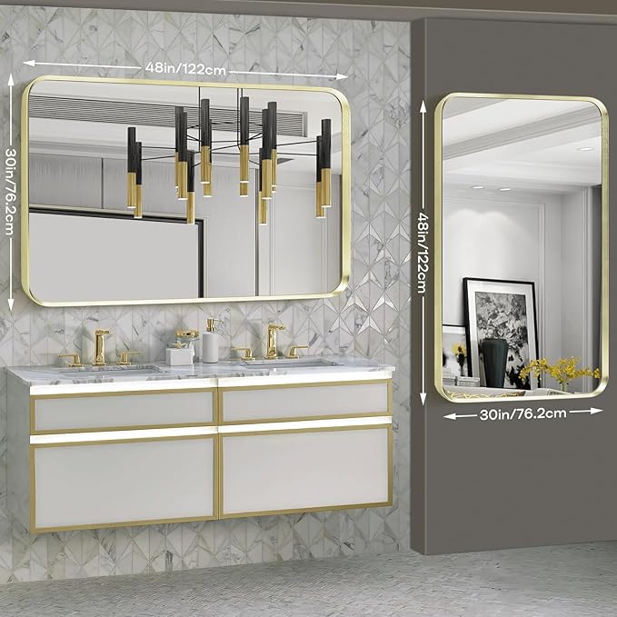 Large Gold Bathroom Mirror, Rounded Corner Rectangular Brushed Gold Frame - Image 3