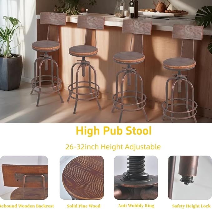 Set of 2-Industrial Bar Stools-Swivel Wooden Seat-Bar Counter Height Adjustable - Image 7