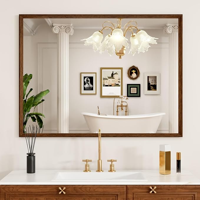 Rectangle Walnut Bathroom Mirror 40x30 Inch, Anti-Rust 4MM Tempered Glass by JISOSO