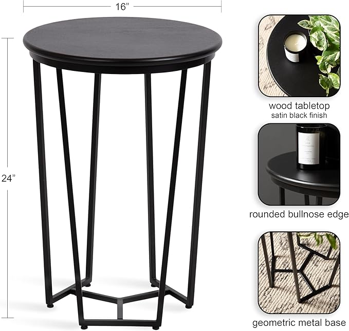 Kate and Laurel Solvay Round Metal and Wood Side Table; 16 x 16 x 24; Black; - Image 3