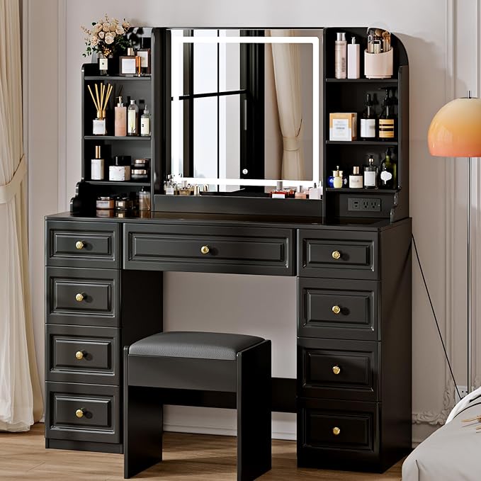 42" Makeup Vanity Desk with Mirror and Lights, & Power Outl, Glass Top Big by Arulvmrn