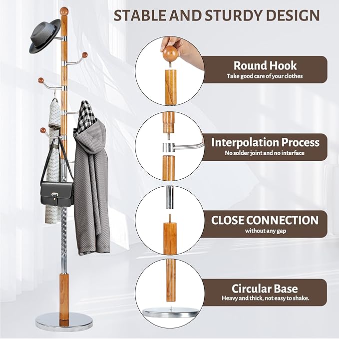 Coat Rack Freestanding, Metal Wooden Coat Tree - Image 4