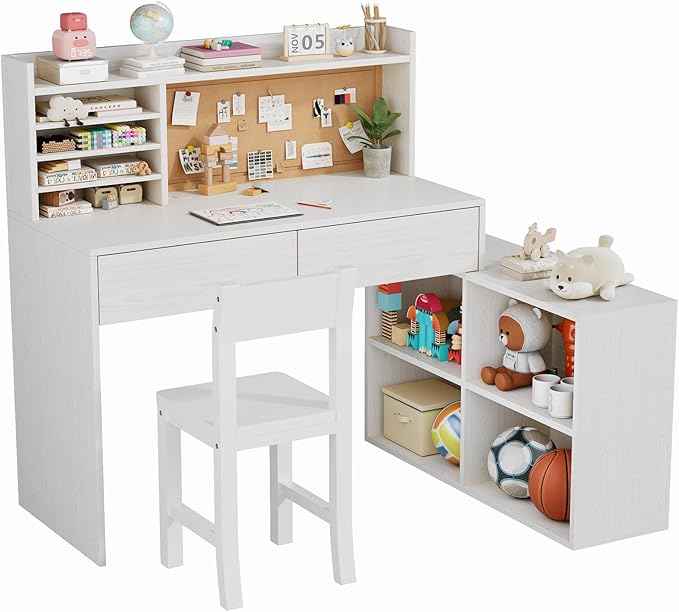 White Wooden Kids Desk and Chair Set, Kids Study Desk by SFDOU
