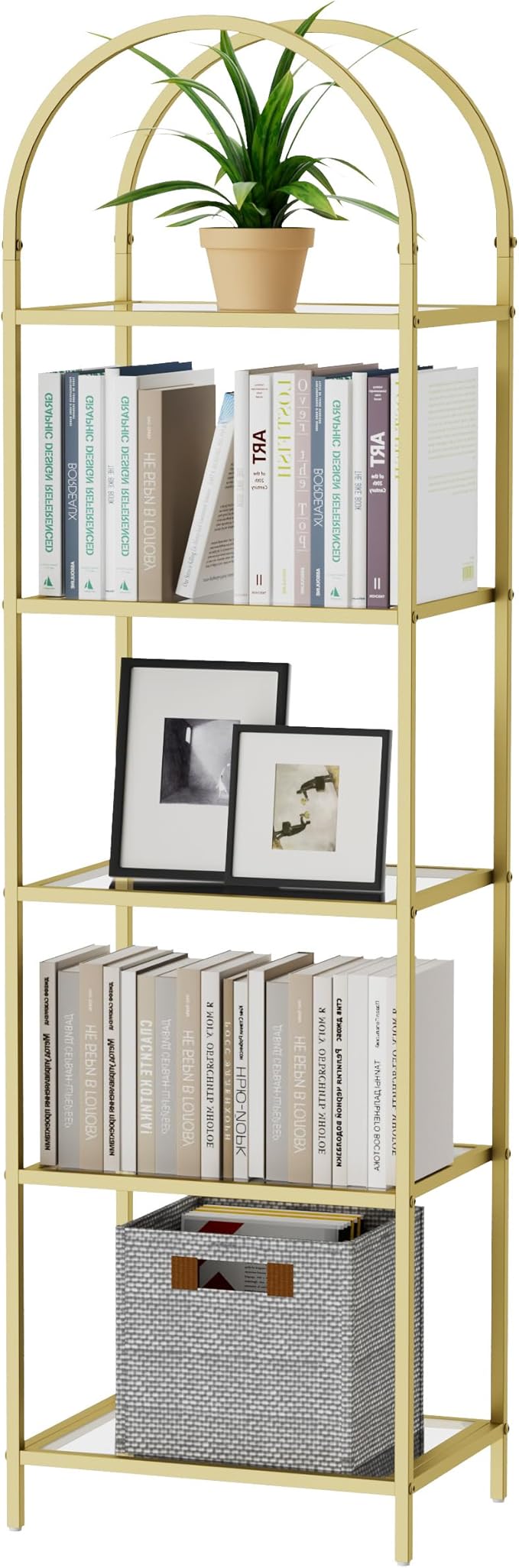 Homhedy Bookshelf Arched Display Racks, Metal Bookcase, Tempered Glass Shelves - Image 9