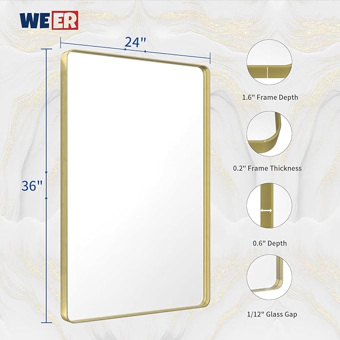 WEER Gold Bathroom Mirror, 24X36 Inch Brushed Gold Metal Frame Mirror, Rounded - Image 6