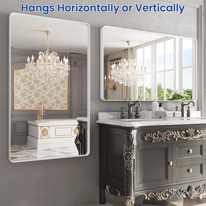 WEER White Bathroom Mirror 50X30 Inch, Rounded Rectangle White Metal Frame - Image 5