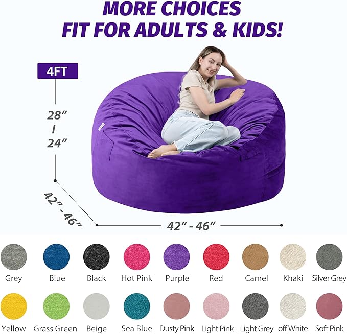 4FT Bean Bag Chair with Ultra Soft Velvet Cover Bean Bag Sofa with Memory Foam - Image 2